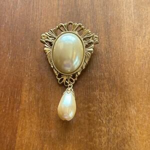 Vintage Ornate Gold Tone Faux Pearl Drop Brooch | Victorian Filigree Dangle Pin